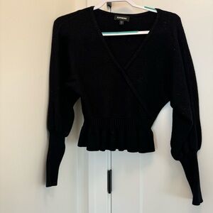 Express Black V-Neck Knit Sweater with Ruched Waist